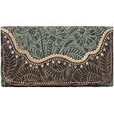 American West Hand Tooled Handcrafted 100% Genuine Leather Tri-Fold Wallet for Women | Credit Card Slots Cash Pocket and Clear ID Holder | Saddle Ridge Collection | Western (Light Turquoise)