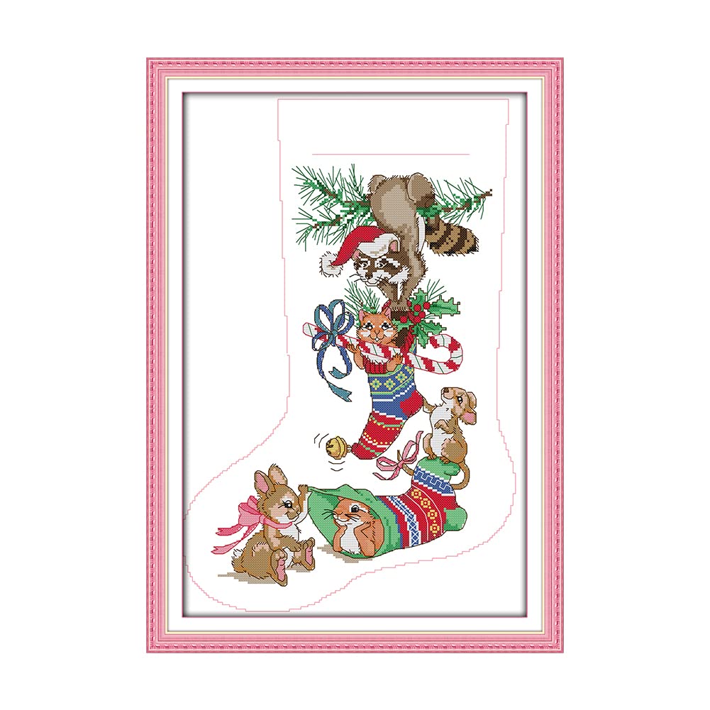 Amiiba Stamped Cross Stitch Kits, Christmas Stocking Squirrel DIY 11CT 17.3x24.8 inch (Stocking)