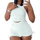 PYAEAS Summer Two Piece Outfits for Women, Casual Stretchy Ribbed Tank Crop Top Ruched Shorts Set Workout Tracksuits
