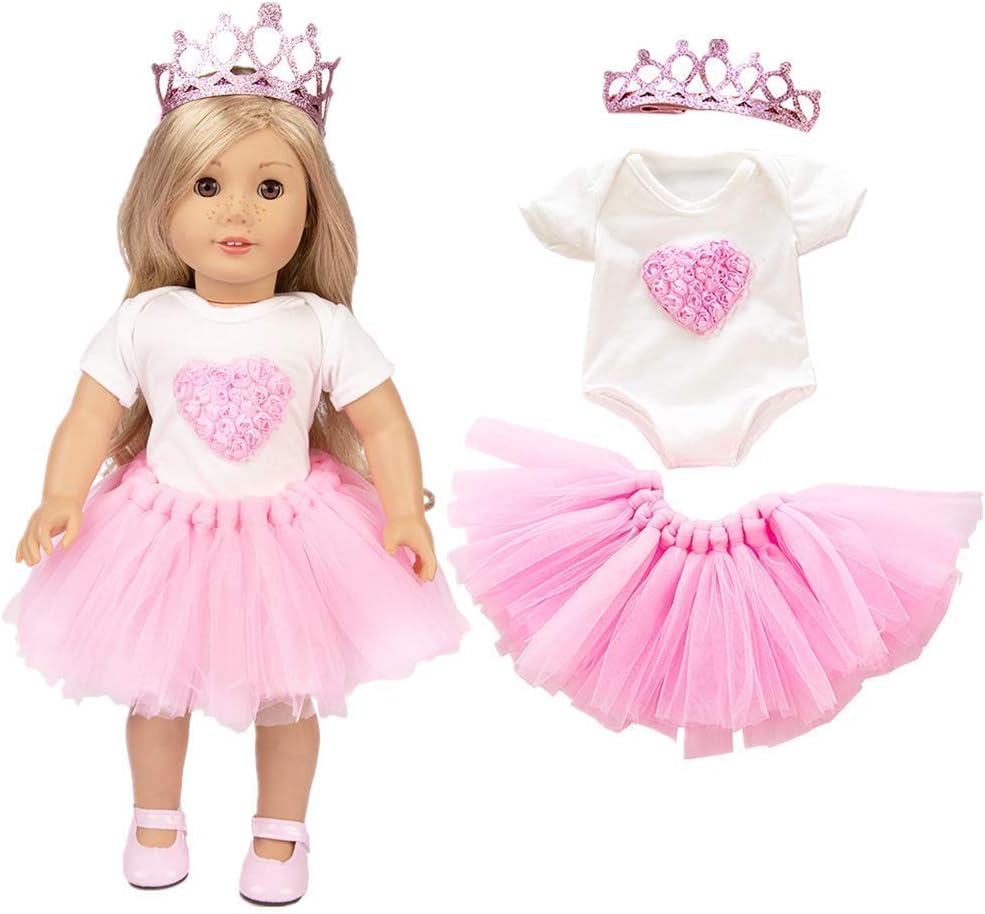 LOTONJT 18 Inch Dolls with Clothes Accessories Cute Fairy Fancy Dress Party Outfits Costume Gift for 18 Inch Dolls & Other Dolls Bubble Skirt + T-shirt + Princess Crown (Pink)