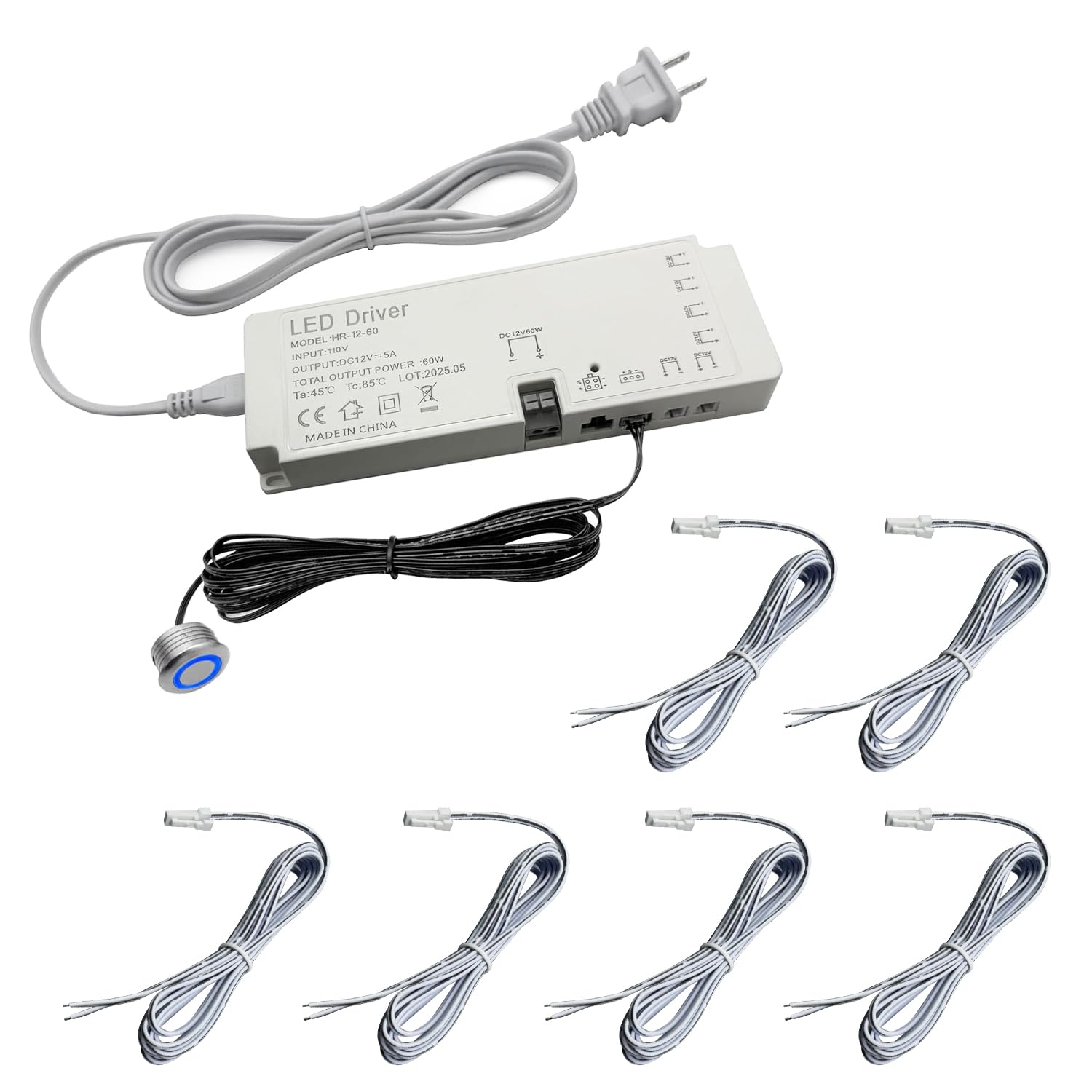 Photo 1 of HAMRVL LED Lighting Accessory - 6 Output Ports 12V 5A 60W Power Supply with 6pcs 2m Welding Extension Cord and Dimmer Switch,Low Voltage Transformer for Under Cabinet Lighting, Wall Panel Lights