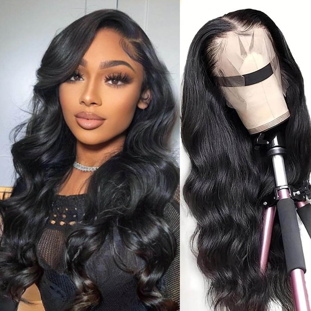 DÉBUT Body Wave Lace Front Wig Human Hair 13×4 Lace Front Wigs for Women HD Lace Front Wig Human Hair 180% Density Pre Plucked with Baby Hair Glueless Wigs (26 inches, Natural Black)