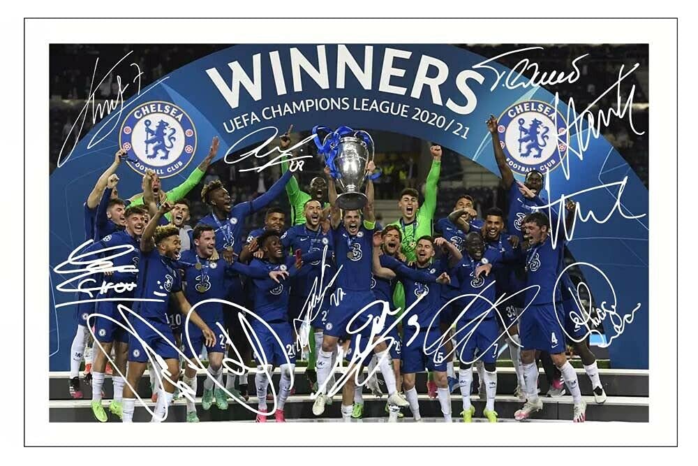 Chelsea 2021 Champions League Winners Team Signed 12x8 Photo Print Pre Printed Signature Autograph Gift