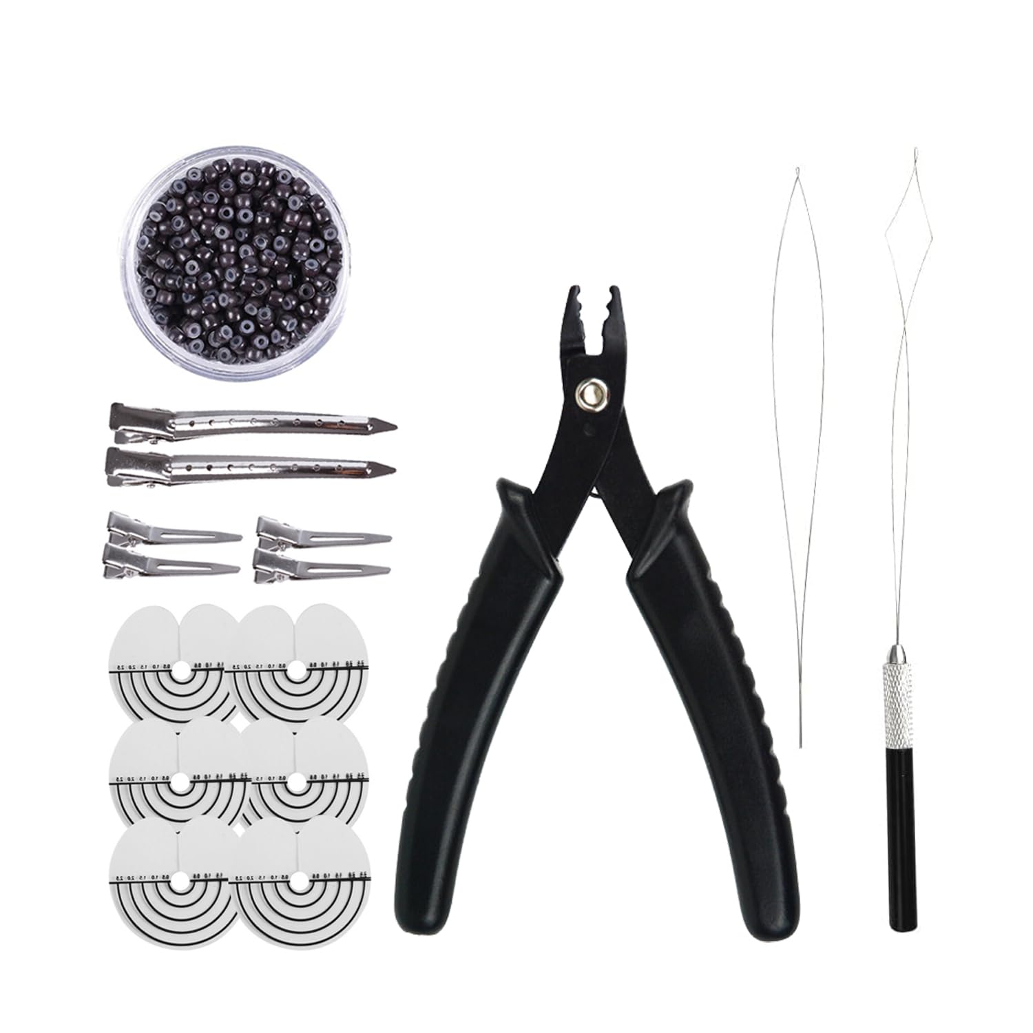 Hair Extensions Kit : 2 Holes Hair Pliers,500Pcs 3mm Silicone Hair Rings Beads, Pulling Needle and Loop Threader (Dark Brown)