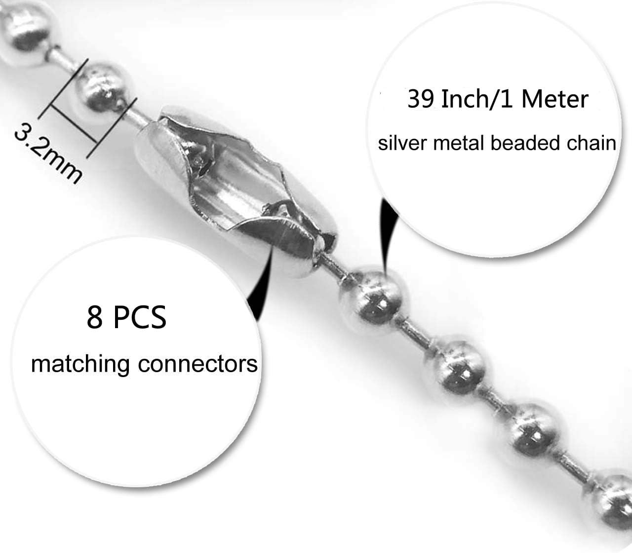 4 pack Beaded Pull Chain Extension, Each Chain Length 39 Inch (1 Meter) with Two Additional Matching Connectors, 3.2 mm Diameter Beaded, Silvery - - 