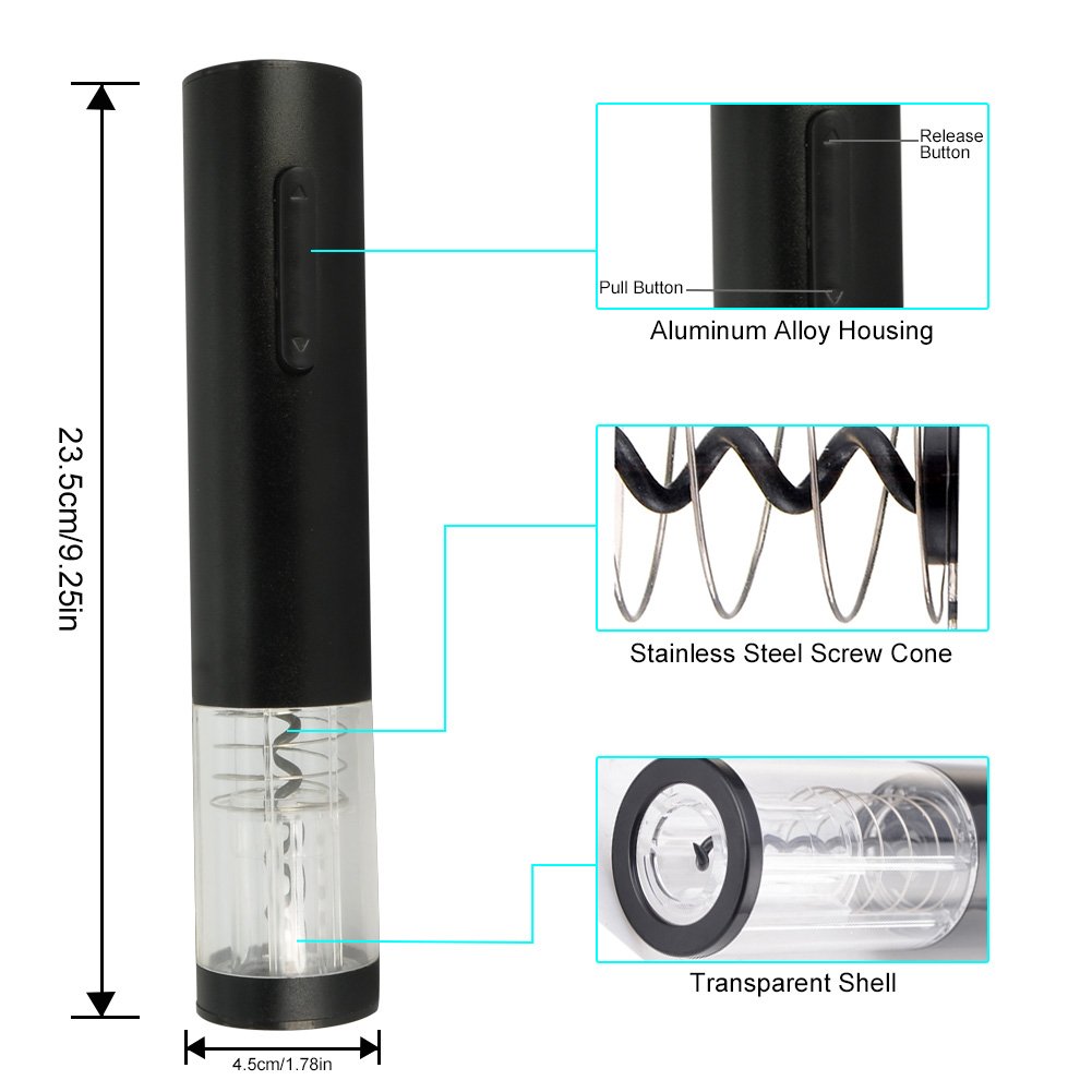 Wine Bottle Opener Aluminum Alloy Rechargeable Wine Opener Set with Foil Cutter,Built-in NiMH Battery and Opens Up to 30 Bottles on a Single Charge … (WO-K06-FBM)