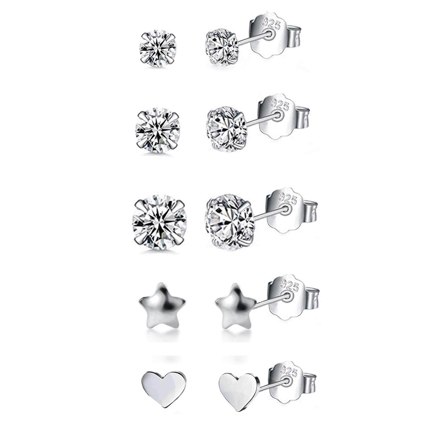 HAISWET Star&Heart Shape Stud Earrings 925 Sterling Silver 3,4,5MM Zircon Cartilage Stud Set