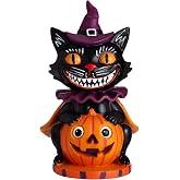 Yalikop Halloween Black Cat Figurine Decor, 10.24 Inch Large Vintage Statue | Black Cat with Pumpkin Witch Hat, Retro Spooky Resin Figure, Tabletop Mantel Decor for Home Centerpiece Halloween Party