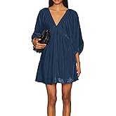 R.Vivimos Womens Fall Velvet Tunic Dress 2026 Trendy Sexy Deep V Neck 3/4 Sleeve Elastic Waist Loose Mini Dress with Pockets