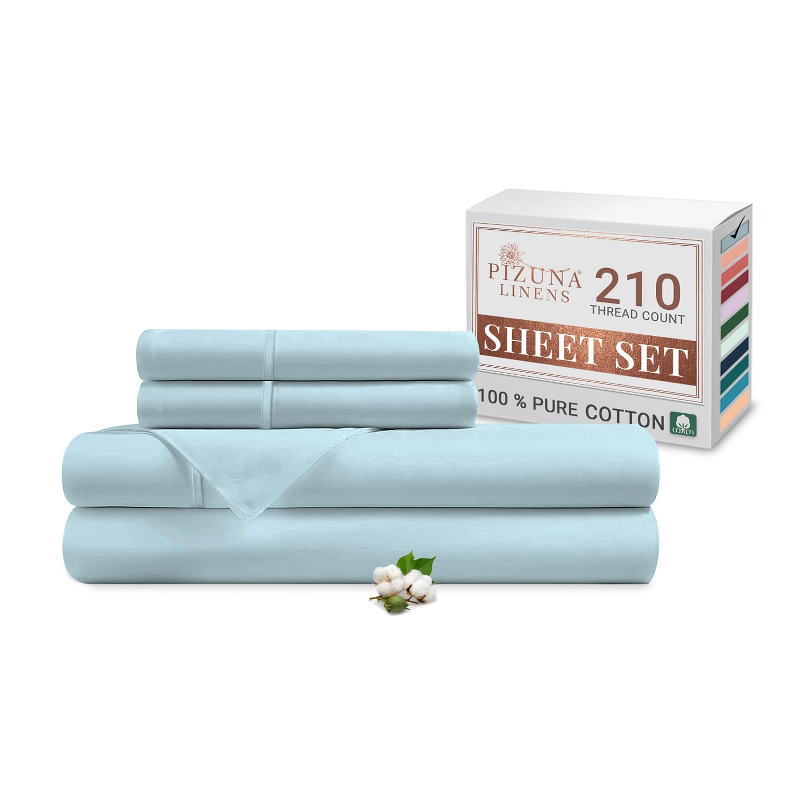 Pizuna Cotton Percale King Size Sheet Set Baby Blue, 100% Long Staple Combed Cotton Bedding Set 275x280 cm, Soft Percale 4 PC King Bed Sheet Set -Fitted Sheet, Flat Sheet & 2 Pillowcases