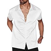 Runcati Mens Luxury Satin Silk Dress Shirts Casual Button Down Short Sleeve Prom Party Wedding Shirt