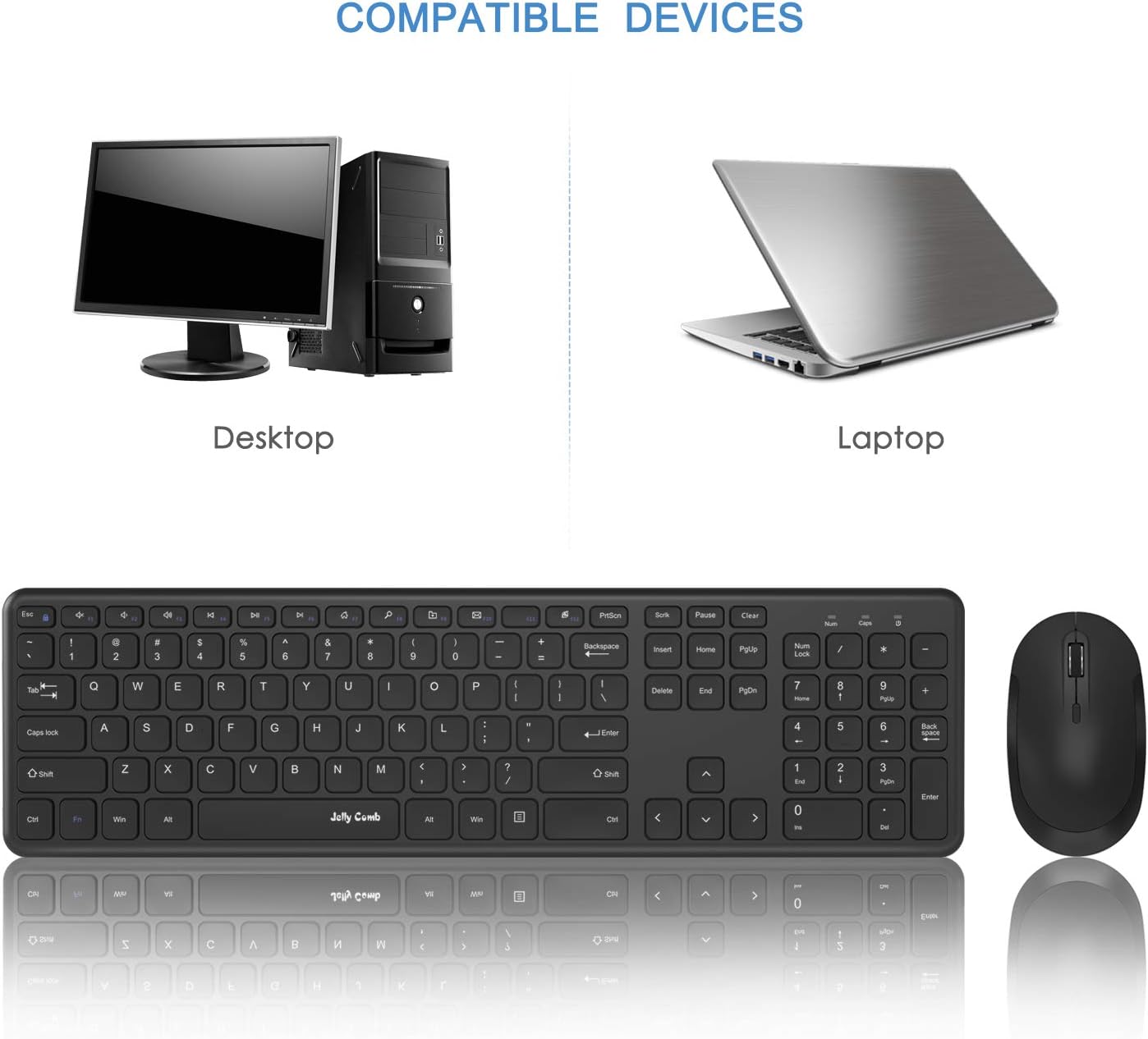 Wireless Keyboard and Mouse, Jelly Comb 2.4GHz Ultra Thin Full Size Wireless Keyboard Mouse Combo Set with Number Pad for Computer, Laptop, PC, Desktop, Notebook, Windows 7, 8, 10-(Black): Computers & Accessories