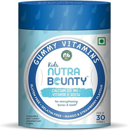 NutraBounty Calcium for Kids with Vitamin D in Mango & Strawberry Flavor - 30 Gummies Supplement Pack for Kids Strong Bones & Teeth| Keeps away Dental Cavity