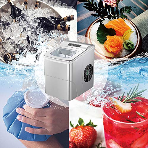 AGLUCKY Portable Ice Maker Machine Stainless Steel Covers,Countertop Automatic Ice Maker,26lbs/24hr,9pcs S/L Size Ice Cube Ready in 6-13 Mins,1.5lbs Ice Storage with Ice Scoop,Indicator Function,White