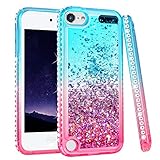 iPod Touch 5 6 7 Case, iPod Touch Case 5th 6th 7th Generation for Girls, Ruky Quicksand Series Glitter Flowing Liquid Floating Bling Diamond Flexible TPU Cute Case for iPod Touch 5 6 7 (Teal Pink)