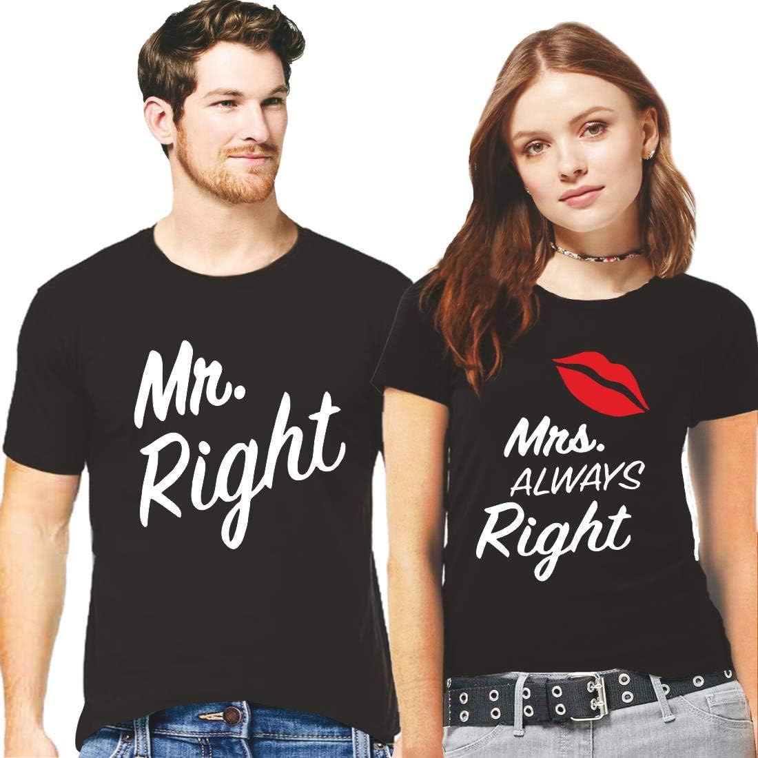 Hangout Hub Couple Tshirts Mr Right Mrs Always Right Printed Matching Combo Twinning Tees Valentine Gift for Lovers/Friends/Hubby Wifey/Men Women-(Set of 2)