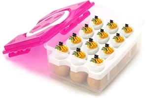 2 Tiers Egg Container Deviled Egg Carrier Eggs Holder with Handle Fridge Freezer Storage by DELIFUR (Red)