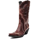 Agodor Brown Cowboy Boots For Women Cowgirl Ladies Mid Calf Boots with Classic Studded, Pointed Toe Chunky Heel Pull On Fashion Dress Wedding Western Booties US8.5