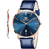OLEVS Men Leather Watches Black Ultra Thin 6.5mm Minimalist Dress Fashion Simple Casual Waterproof Date Watch for Men