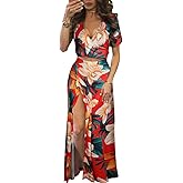 MESLIMA Women Casual 2 Piece Outfits Sexy V Neck Crop Top Boho Floral Print Beach High Split Maxi Dress Sets