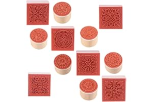 Aulufft 12 Pcs Wooden Stamps Floral Pattern Rubber Stamp Circles and Squares Decorative Rubber Wooden Stamps for DIY Craft Card and Scrapbooking