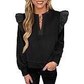 Cicy Bell Womens Ruffle Long Sleeve Sweatshirt Notched V Neck Textured Casual Pullover Tops Fall Loose Fit Blouses