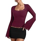 REORIA Womens 2025 Fall Fashion Square Neck Lace Long Bell Sleeves Shirts Double Lined Casual Slim Fit Tops