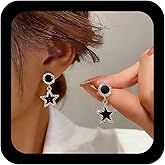 Iaceble Boho Crystal Circle Stud Earring Rhinestone Star Dangle Earring Black Star Crystal Drop Earrings Vintage Black Round CZ Earrings Jewelry for Women