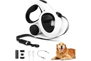 COSOWO Retractable Dog Leash with USB Rechargeable LED Light, 16 ft Heavy Duty Dog Lead with Poop Bag Holder & Steel Cable, Leash for Small Medium Large Dogs, White