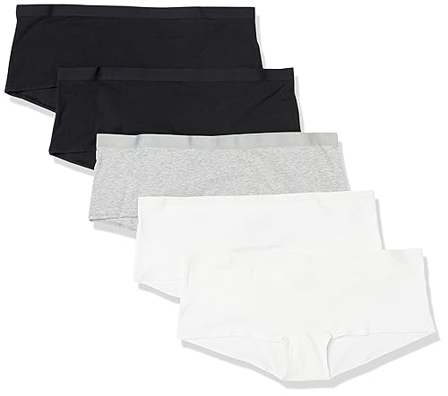Amazon Essentials Women's Cotton Boyshort Underwear (Available in Plus Size), Pack of 5, Black/Grey Heather/White, X-Large