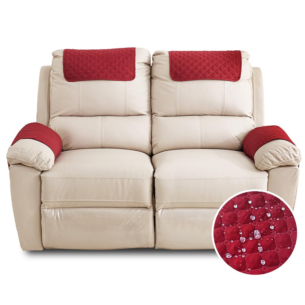 FANSU Armchair Covers for Arms Headrest Cover for Armchair Waterproof Slipcover with Side Pocket Nonslip & Washable & Abrasion Furniture Protector for Cat Dog Pets (2 Seater,Red)