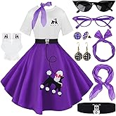 10Pcs Sock Hop Outfits Women, 1950s Poodle Skirts, T-Shirt with 50s Accessories Socks Scarf Headband Belt Earring