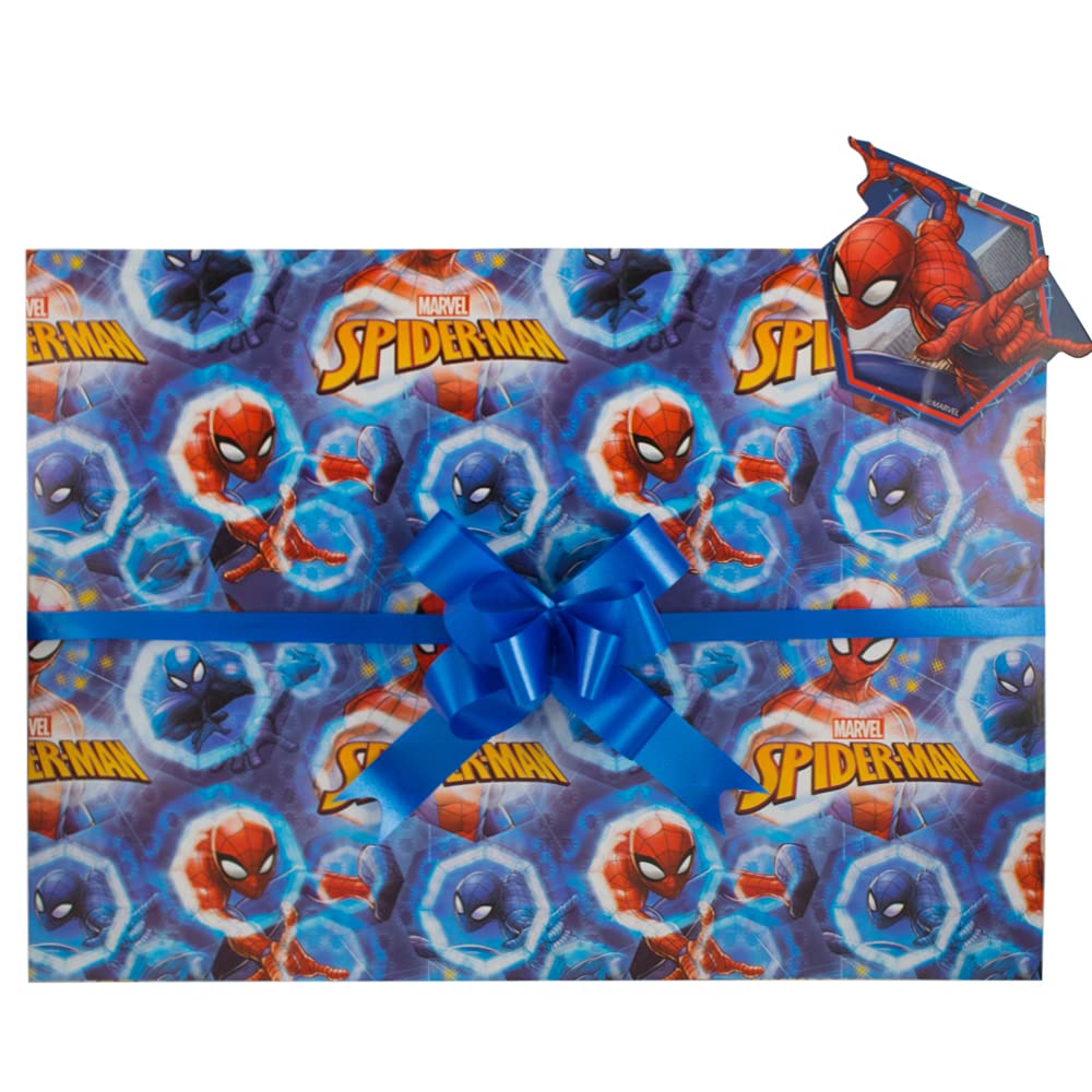 Spiderman, Gift Wrap Pack, 2 Wrapping Sheets, 2 Matching Tags and 2 Blue Pull Bows, Packaged in an A4 Boarded Envelope for Protection, Gift Present Boy