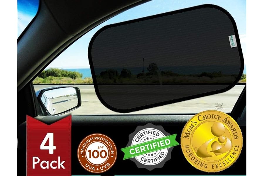 Car Window Shades - Certified 99.79% UVA & 99.95% UVB sun protection. Award winning car sun shade for side windows. 4 Pack (2