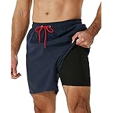 SILKWORLD Mens Swimming Trunks with Compression Liner 2 in 1 Quick-Dry Swim Shorts with Zipper Pockets