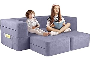 linor Kids Couch, Toddler Couch with Washable and Durable Covers, Modular Kids Sofa Couch, Foldable Loveseat & Two Ottoman, Fold Out Lounger (Blueberry)
