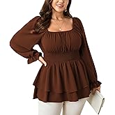 SCOMCHIC Womens Plus Size Peplum Tops Square Neck Long Sleeve Blouses Layered Ruffle Hem Smocked Casual Babydoll Top