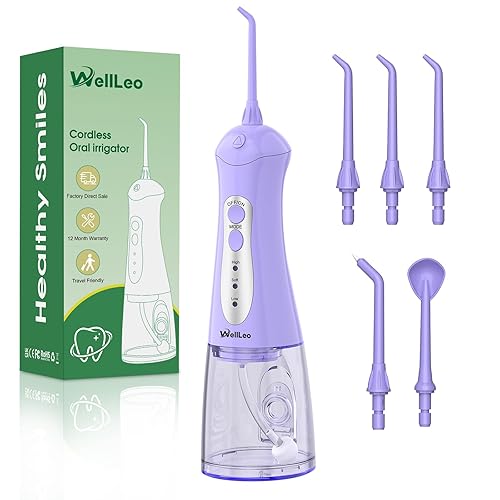 WellLeo Water Flosser for Teeth, Portable Oral Irrigator Rechargeable Water Dental Flosser Pick with High Pressure 5 Jet Tips, IPX7 Travel Water Flossing for Brace Teeth Cleaner Gum Care