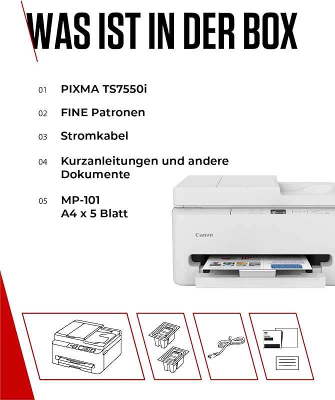PIXMA TS7550I - WLAN-Multifunktionsdrucker mit ADF, Papierkassette und Frontbedienung | Kabelloses Drucken vom Smartphone leicht gemacht - Enthält MP-101 A4-Fotopapier, 5 Blatt