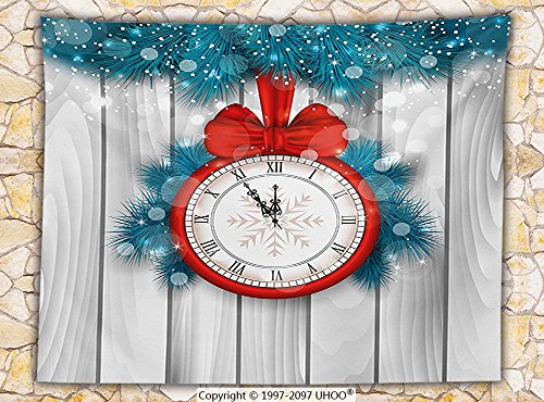 Clock Decor Fleece Throw Blanket New Year Midnight A Clock and Fir Branch Illustration Decorations for Home Throw Red Light Grey