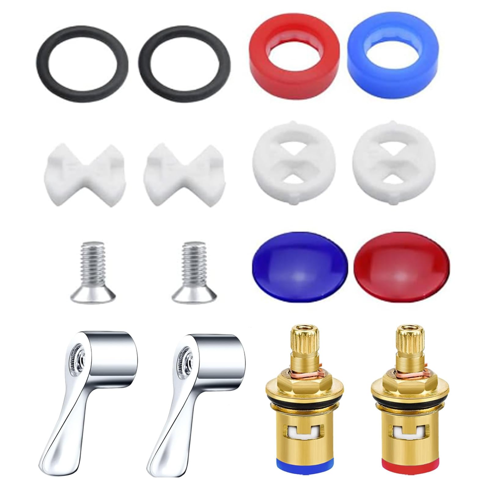 IUSOT 2 Sets Universal 1/2" Tap Cartridge Replacement with Metal Lever Heads for Kitchen Bathroom Faucets Sink Taps- Ceramic Disc, Chrome Plated, Mixer Tap Cartridge, Tap Indices Hot and Cold Inserts
