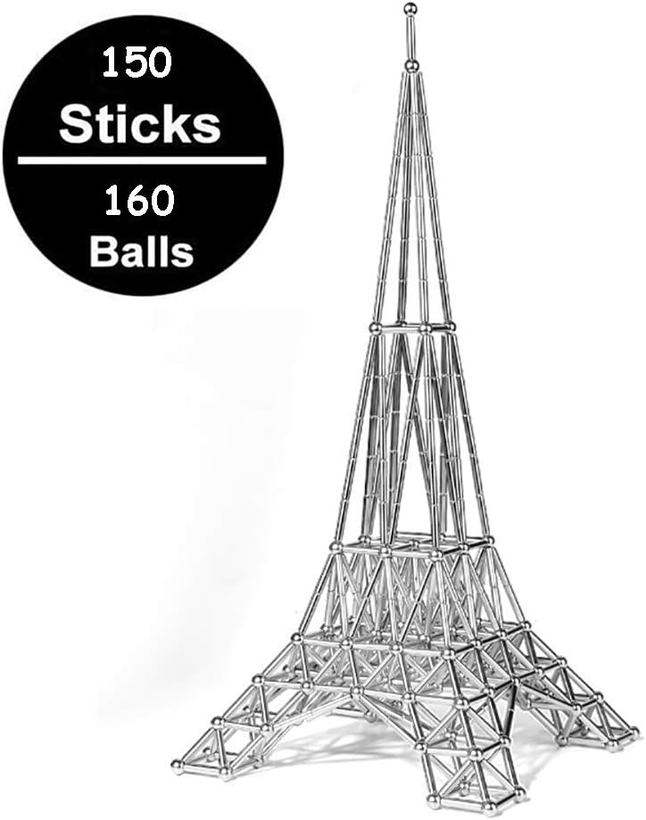 HLL 3D DIY Magnetic Building Blocks Magnetic Designer Magnet Sticks & Metal Balls Brain Training Toys for Children 150 Sticks+160 Balls