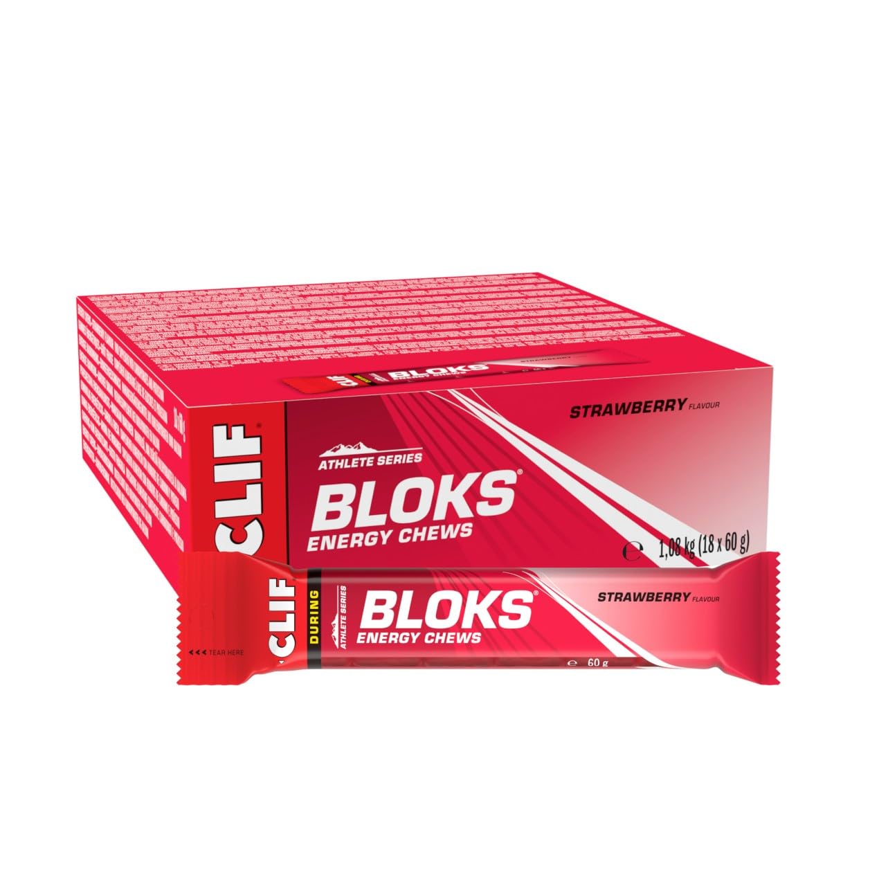 CLIF BLOKS Energy Chews | Strawberry | Plant Based | Quick Energy for Running, Cycling & Marathon Training | Endurance Workout Snack | 18 x 60 g