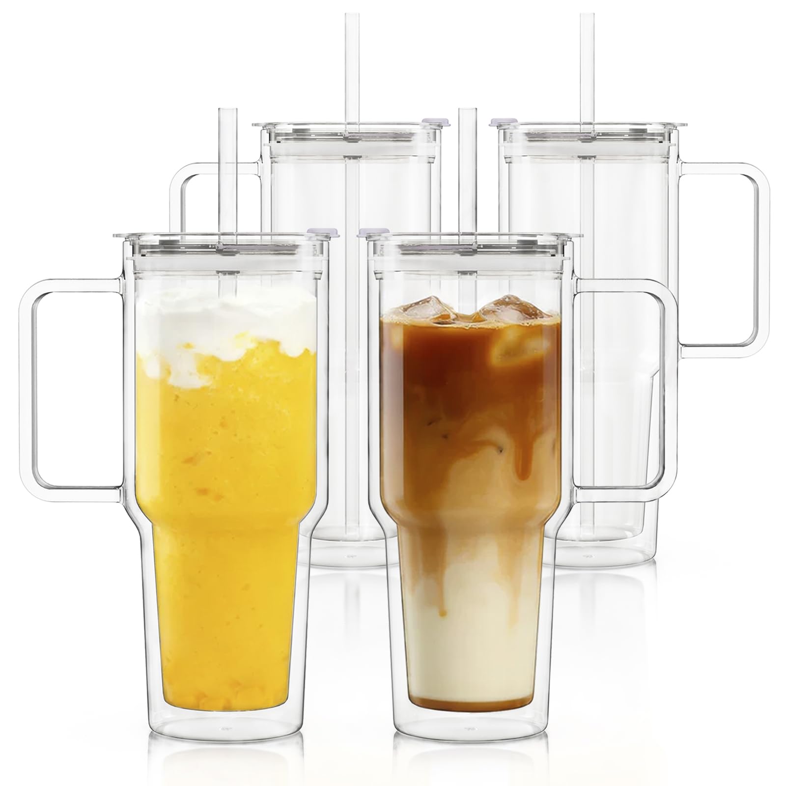 Photo 1 of KEMORELA 28 oz Double Wall Glass Tumblers with Handle, Set of 4 | Insulated Glass Cups for Iced Coffee, Smoothie & Cold Brew | Also Perfect for Hot Coffee & Tea | Large Capacity, Thick Glass
