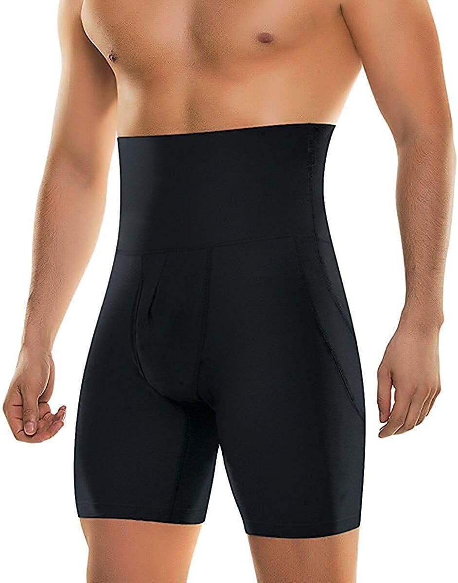 Mens Compression Shorts High Waist Abdomen Shaper Tighs Pants Underwear Black 3D Pouch Shorts