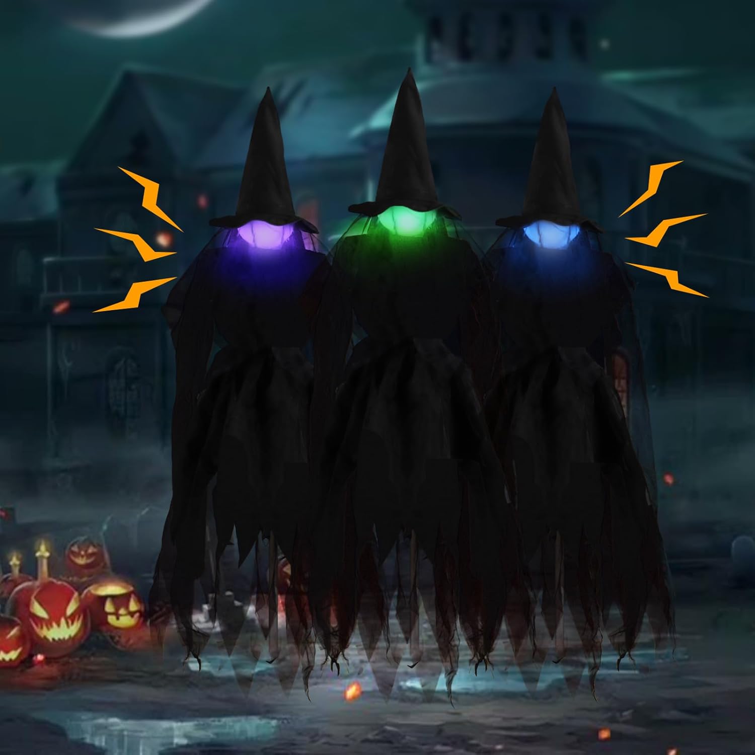 Decorative Garden Stakes - Halloween Decorations Outdoor Hanging Animated Witch, 51'' Lighted Up Spooky Sounds Witches Holding Hands Decorations Outdoor with Stakes for Outdoor Garden Yard Lawn Haunted House Decor