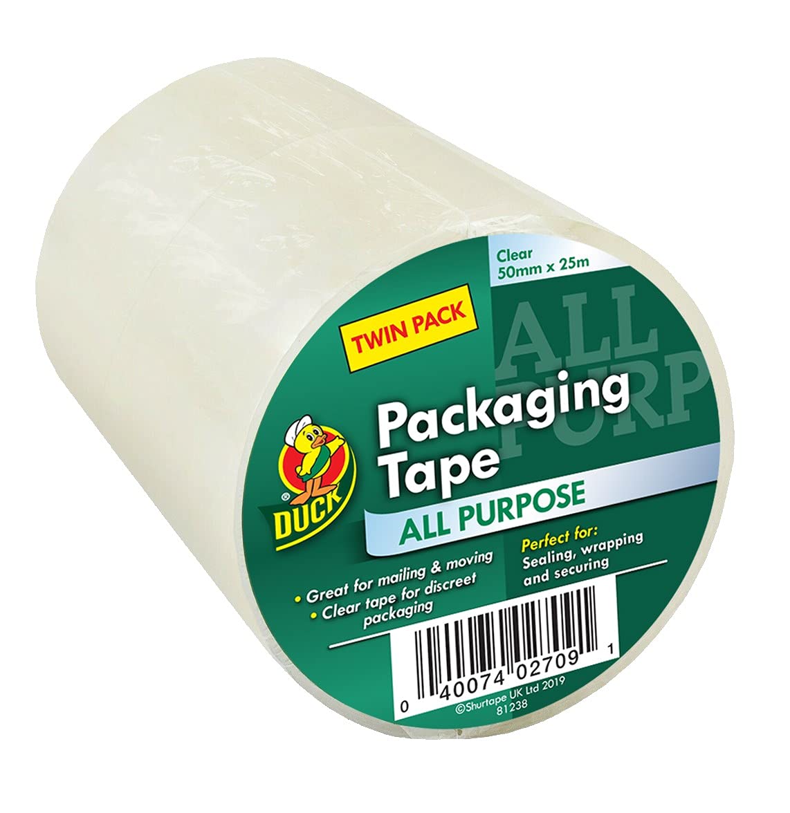 Duck Tape All Purpose Twin Pack Clear Packaging Tape 50mm x 25m for parcels boxes packages strong secure sticky seal