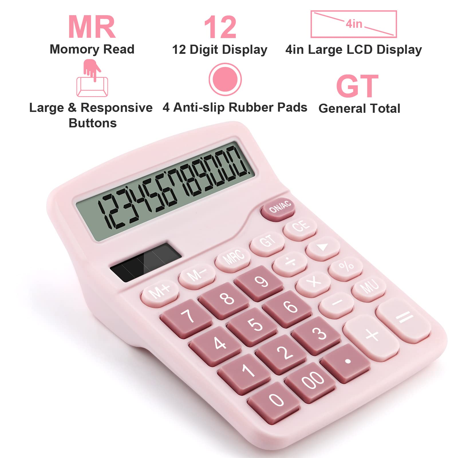 Office Desk Calculator with Solar Power, 12 Digits Large LED Display, Calculators Desktop with Big Buttons, Pink Office Home School Supplies (Pink)