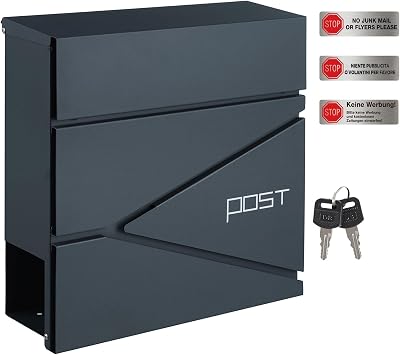 SONGMICS GMB051G02 Wall Mounted Post Box with Newspaper Holder Charcoal Grey