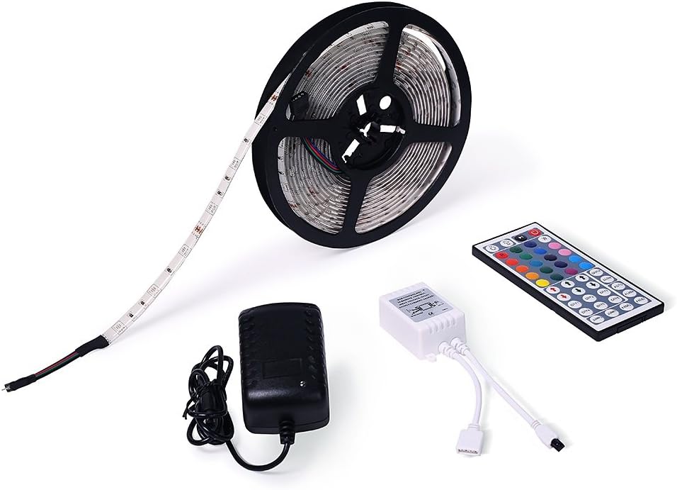 TN Cow LED Strip Lights 16.4ft/5M Flexible Waterproof IP65 5050 RGB 150 LEDs 12V Light Full Kit RGB LED Strips Lighting With 44Key IR Remote and DC 12V 3A Power Adapter Supply for DIY Party Decoration Home Kitchen Cabinet Closet Party KTV Studio Wedding Decorations Girls Room Decoration Darden Lights and Indoor Outdoor Use